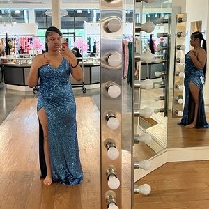 Light Blue Sequins Gown with Side Slit and Criss Cross Back